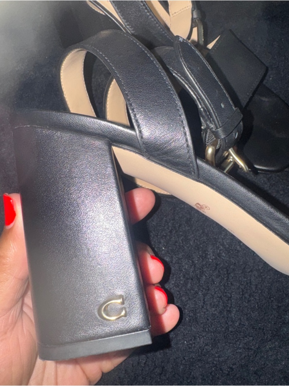 Coach Black Block Heel Sandals with Gold Buckle - Picture 2 of 6